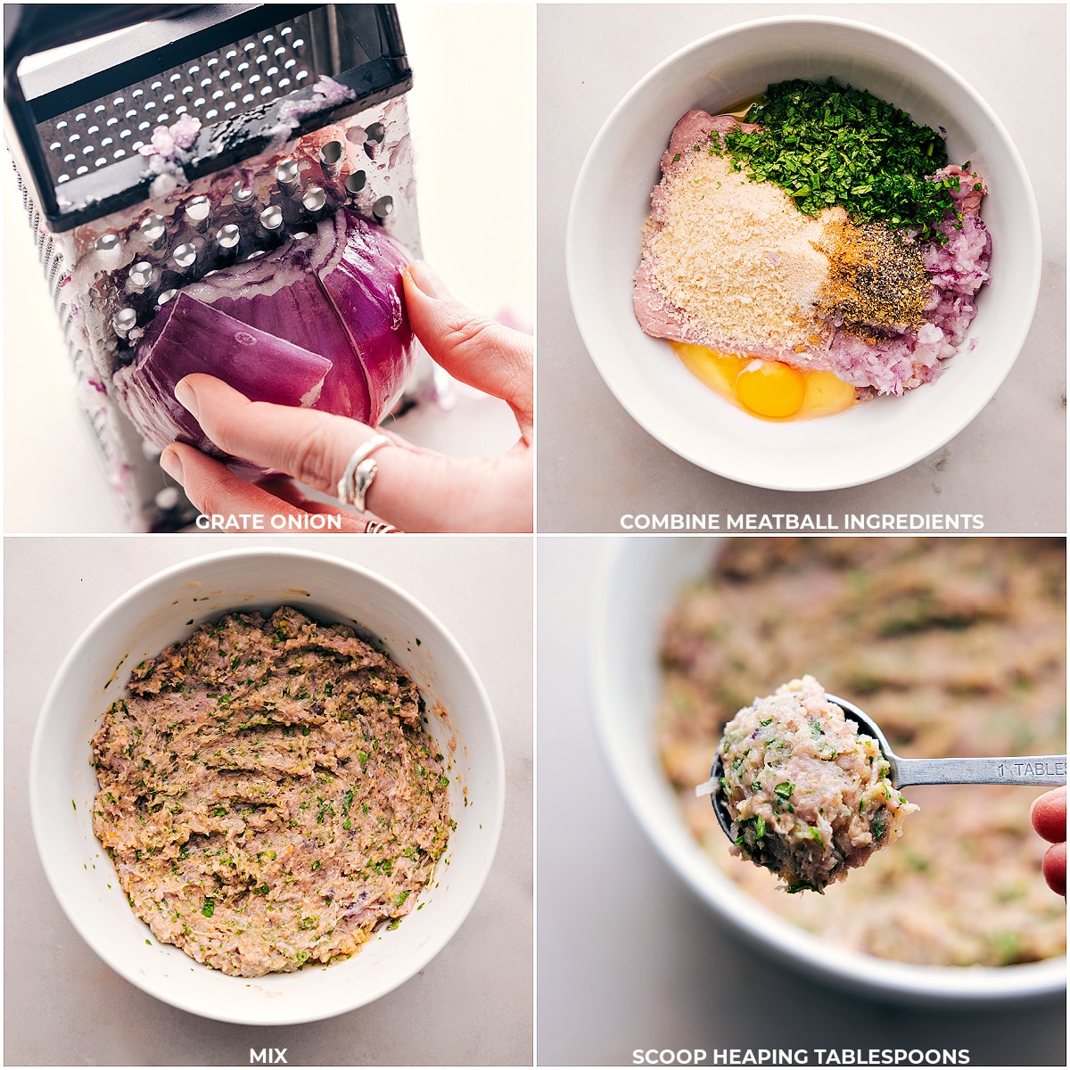 Combining all the Greek Turkey Meatball ingredients in a bowl.