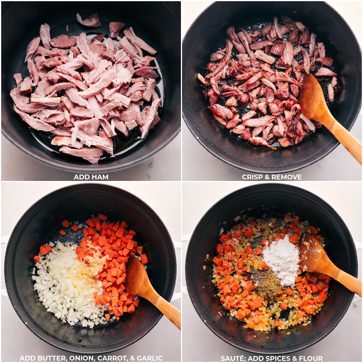 Ham being crisped and then the veggies being sauteed; then spices and flour being added to the pot for this Ham and Bean Soup.