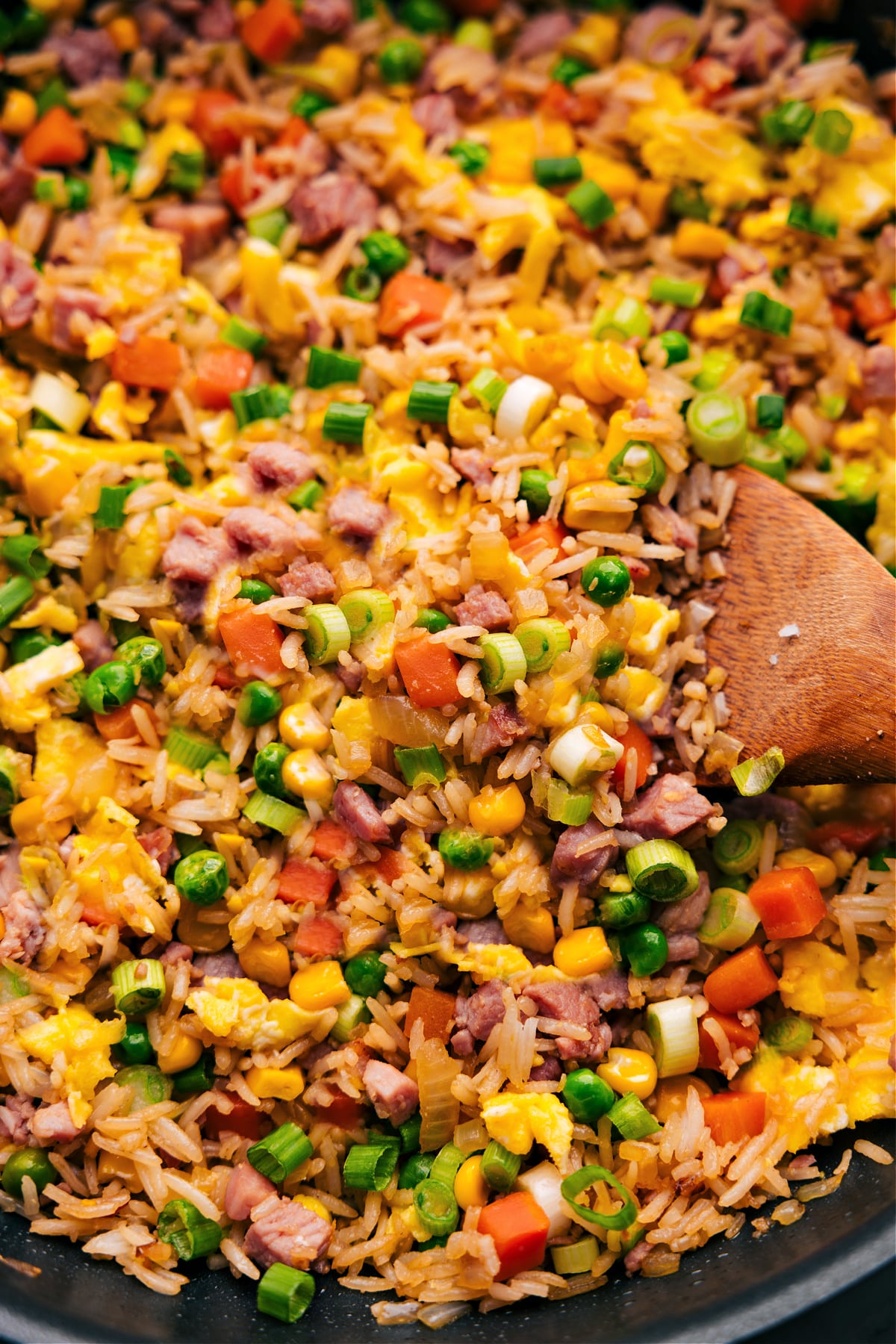 Spoonful of Ham Fried Rice ready to be served.