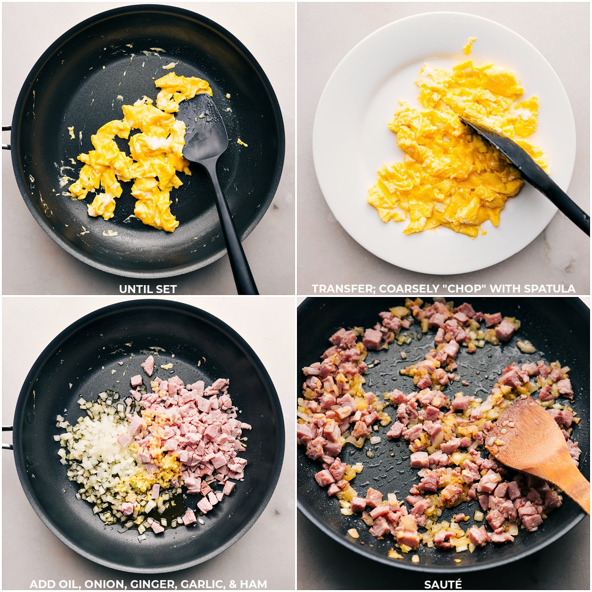 Finishing the eggs, then onion, ginger, garlic, and ham being cooked in the skillet.