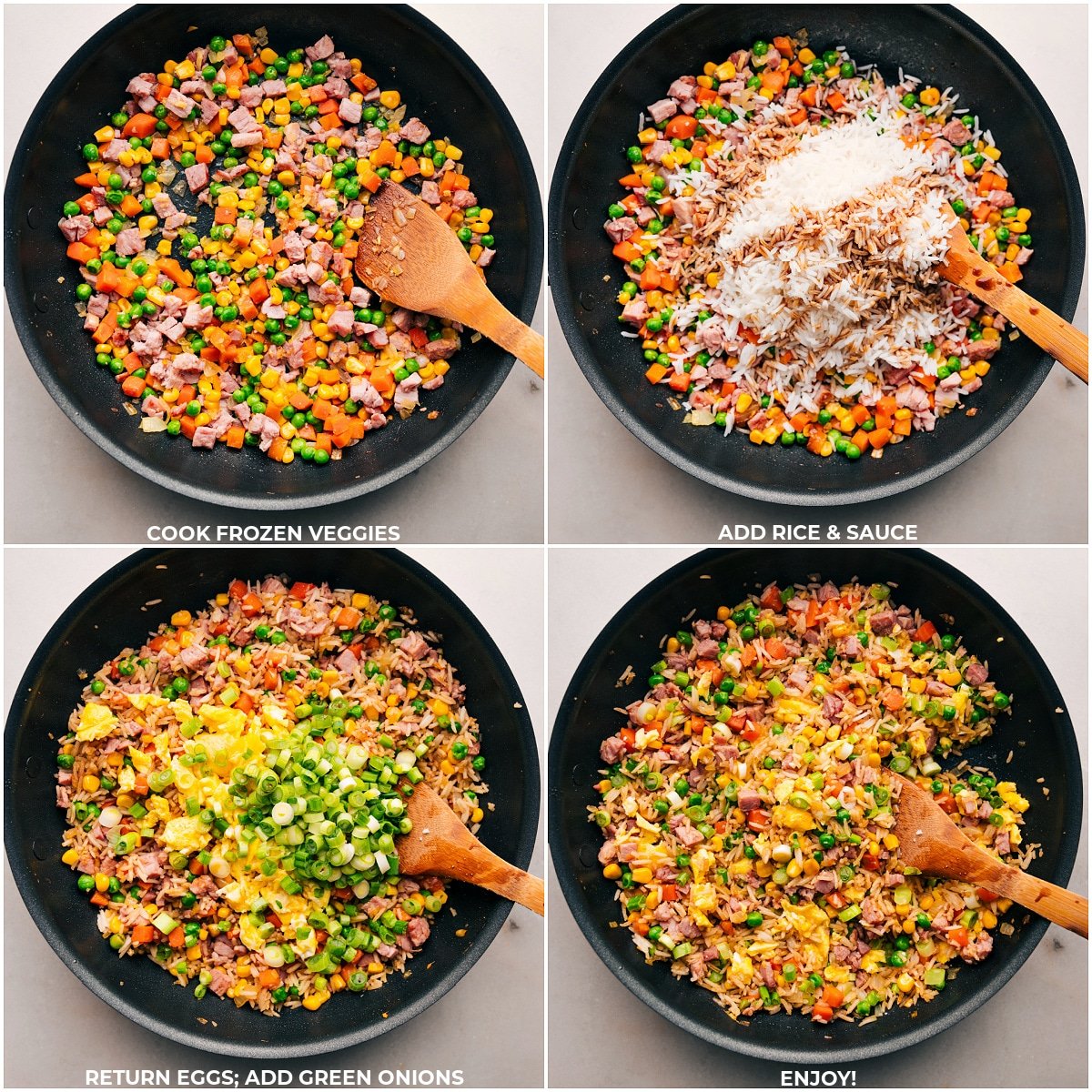 Frozen veggies being added, then rice, sauce, eggs, and onions being added to the pot for the Ham Fried Rice.