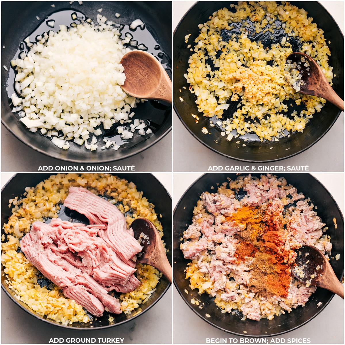Onions being sautéed in a pan, followed by the addition of garlic and ginger, then the ground turkey is added, and once it begins to brown, the spices are incorporated, illustrating the cooking for the Indian Ground Turkey Bowls recipe.