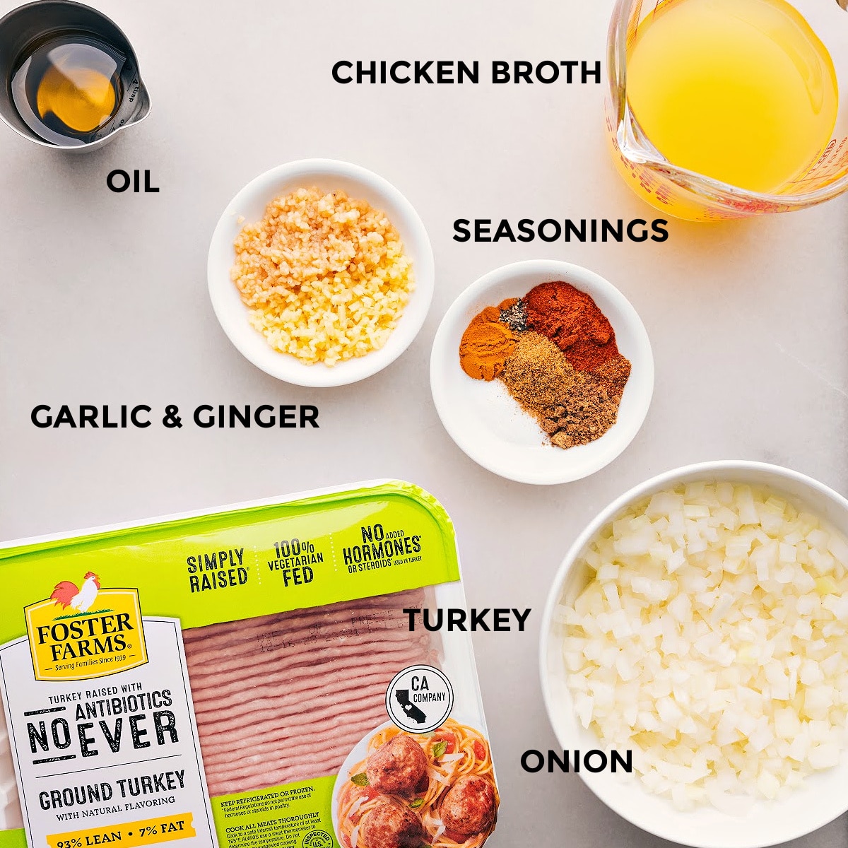 An array of ingredients used in this recipe, including the meat, chicken broth, chopped onions, various seasonings, and more, ready to be combined into a flavorful meal.