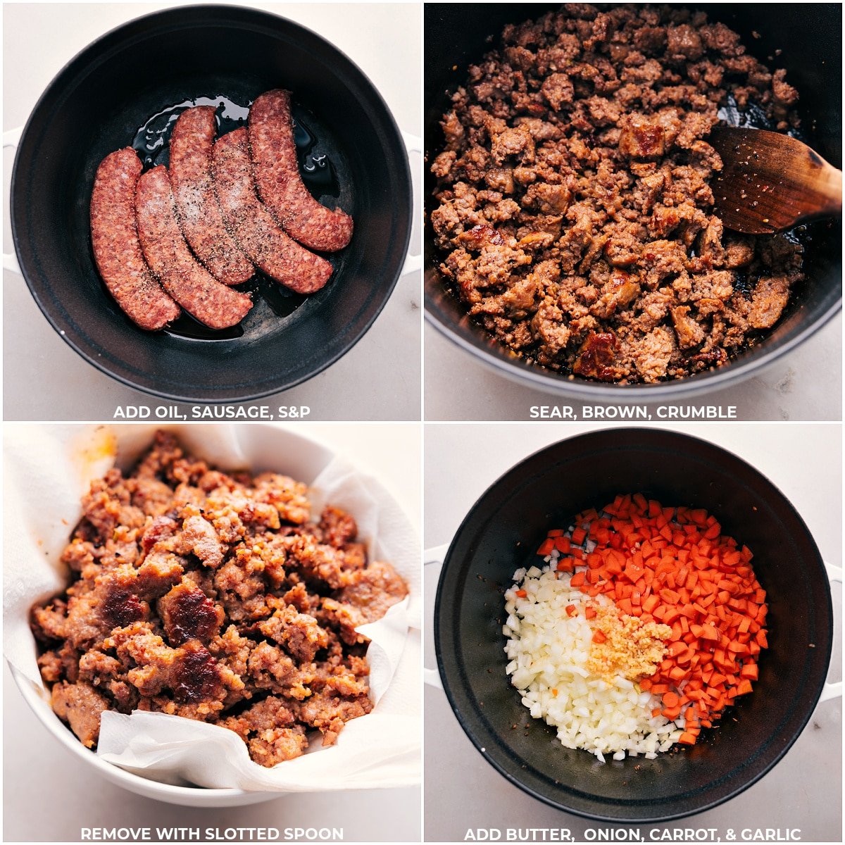 Sausage being cooked and then butter, onion, carrot, and garlic being sautéed for this Italian Sausage Pasta Soup.