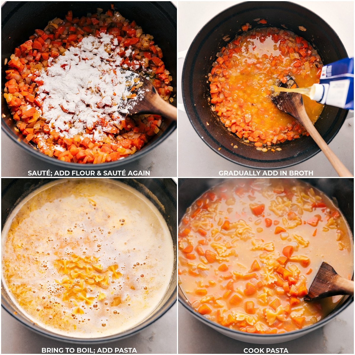 Flour, broth, and pasta being added to the pot and it all being cooked together.