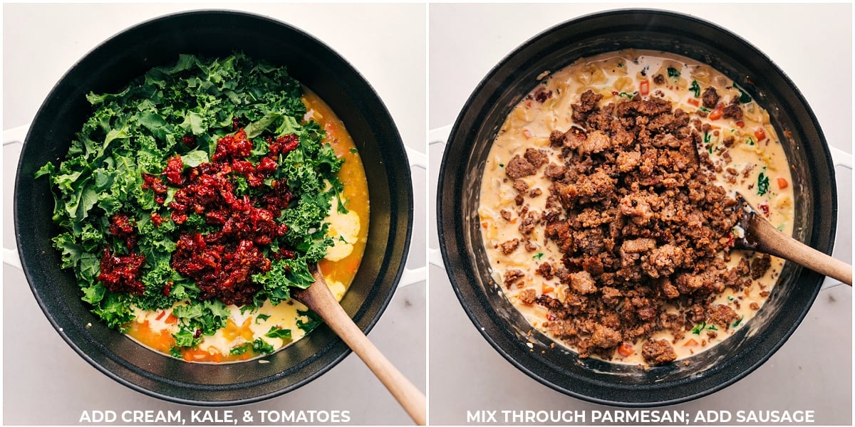 Cream, kale, tomatoes, and the cooked sausage being added to the pot.