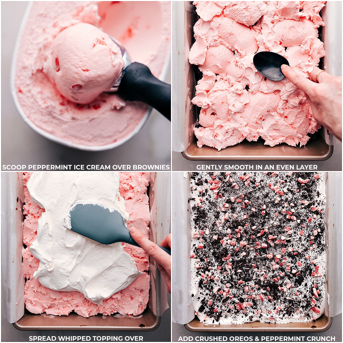Peppermint ice cream being scooped over cooled brownies and smoothed into an even layer, then topped with a generous amount of whipped topping, crushed Oreos, and peppermint pieces for a festive and indulgent dessert.