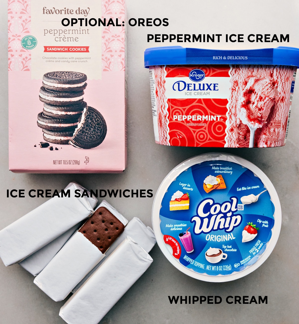 A collection of ingredients used in this no-bake treat, including the optional addition of Oreos as a topping.