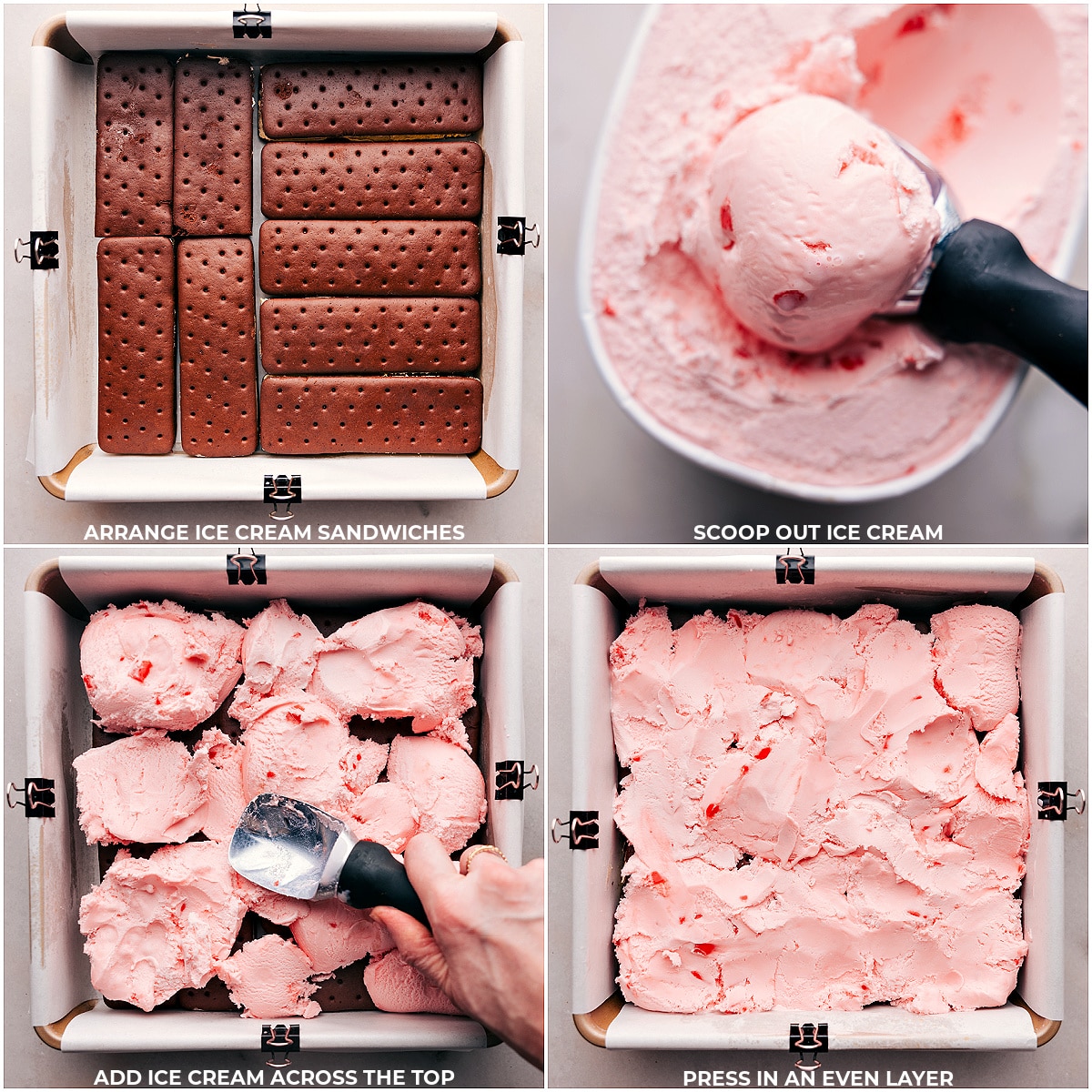 Layering ice cream sandwiches, scooping in peppermint ice cream, and pressing everything together into one cohesive layer to create these delicious and flavorful Peppermint Ice Cream Bars.
