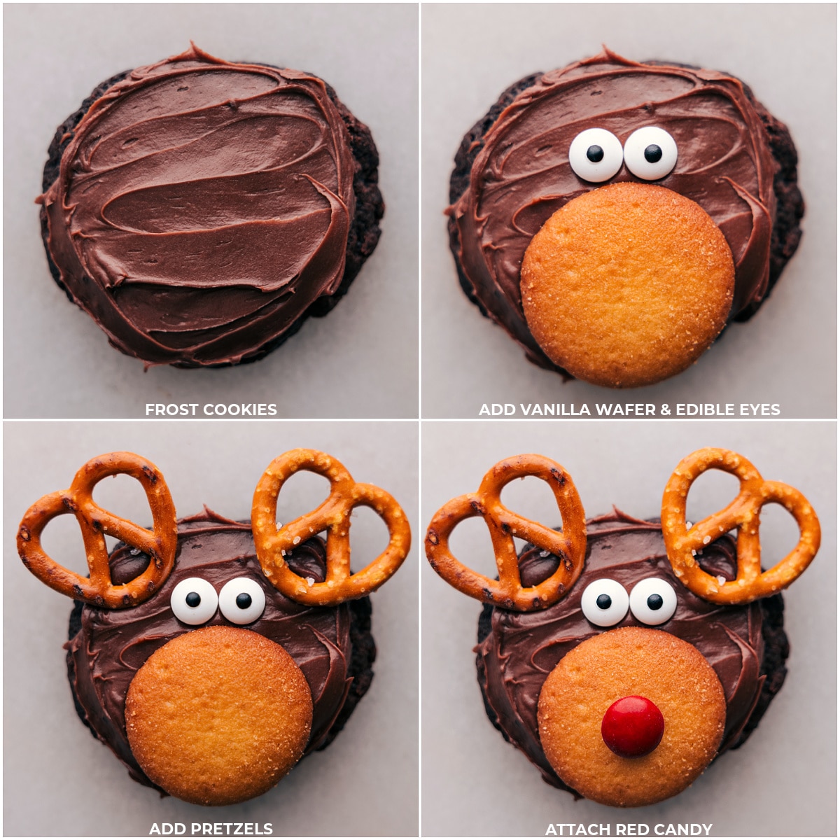 Decorating a cookie to resemble a reindeer: beginning with frosting, adding candy eyes and a wafer, placing pretzels as antlers, and finishing with a red candy nose.