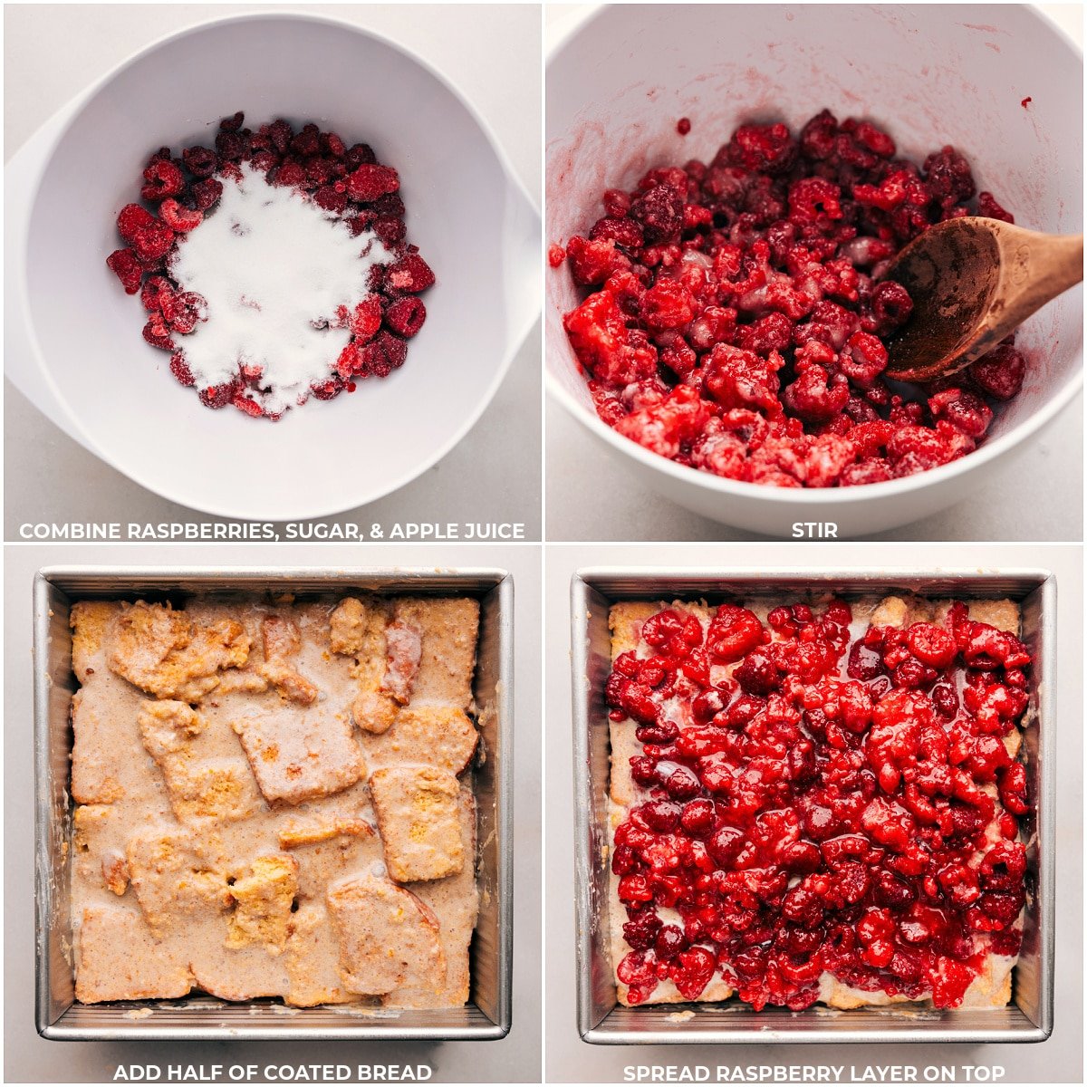 Raspberry layer being added on top of the Raspberry Bread Pudding.