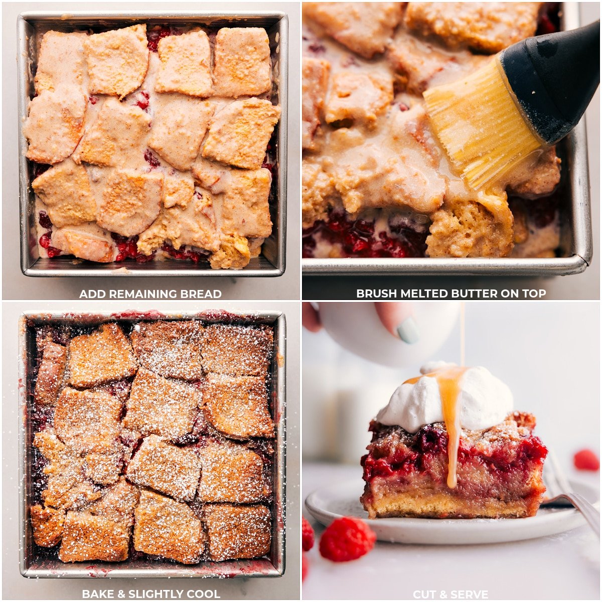 The dessert being baked and prepared to enjoy.