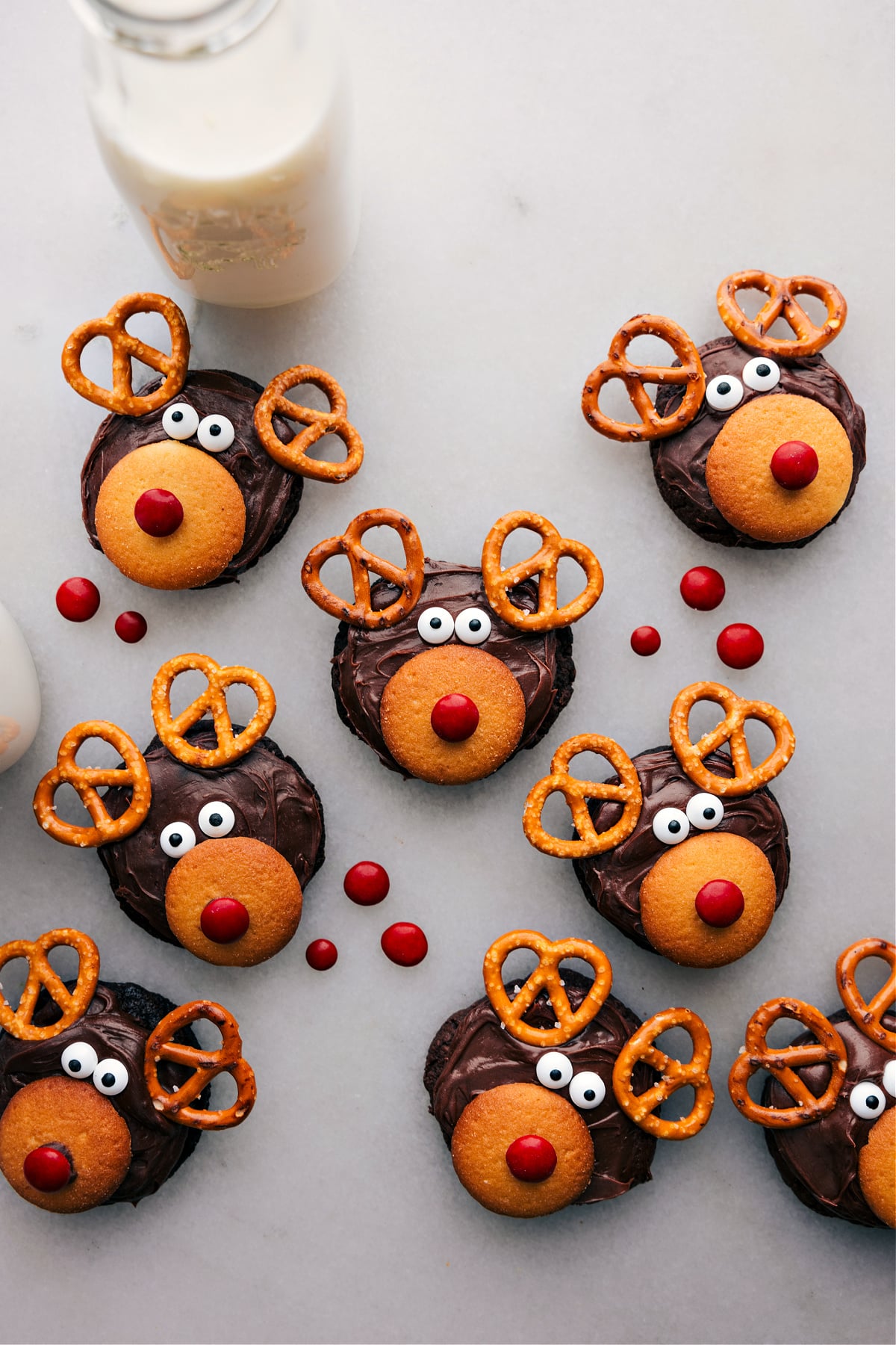 Adorable and delicious cookies decorated to resemble reindeer, making a perfect festive dessert.