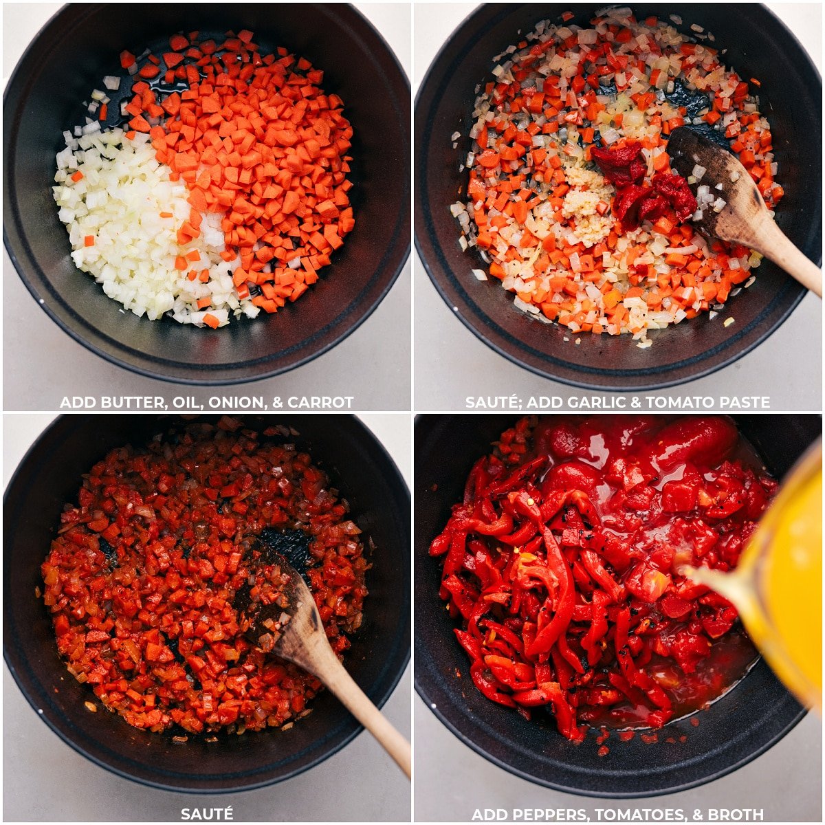 Veggies being sauteed, then garlic, peppers, tomatoes, and broth being added to the pot for Roasted Red Pepper Soup