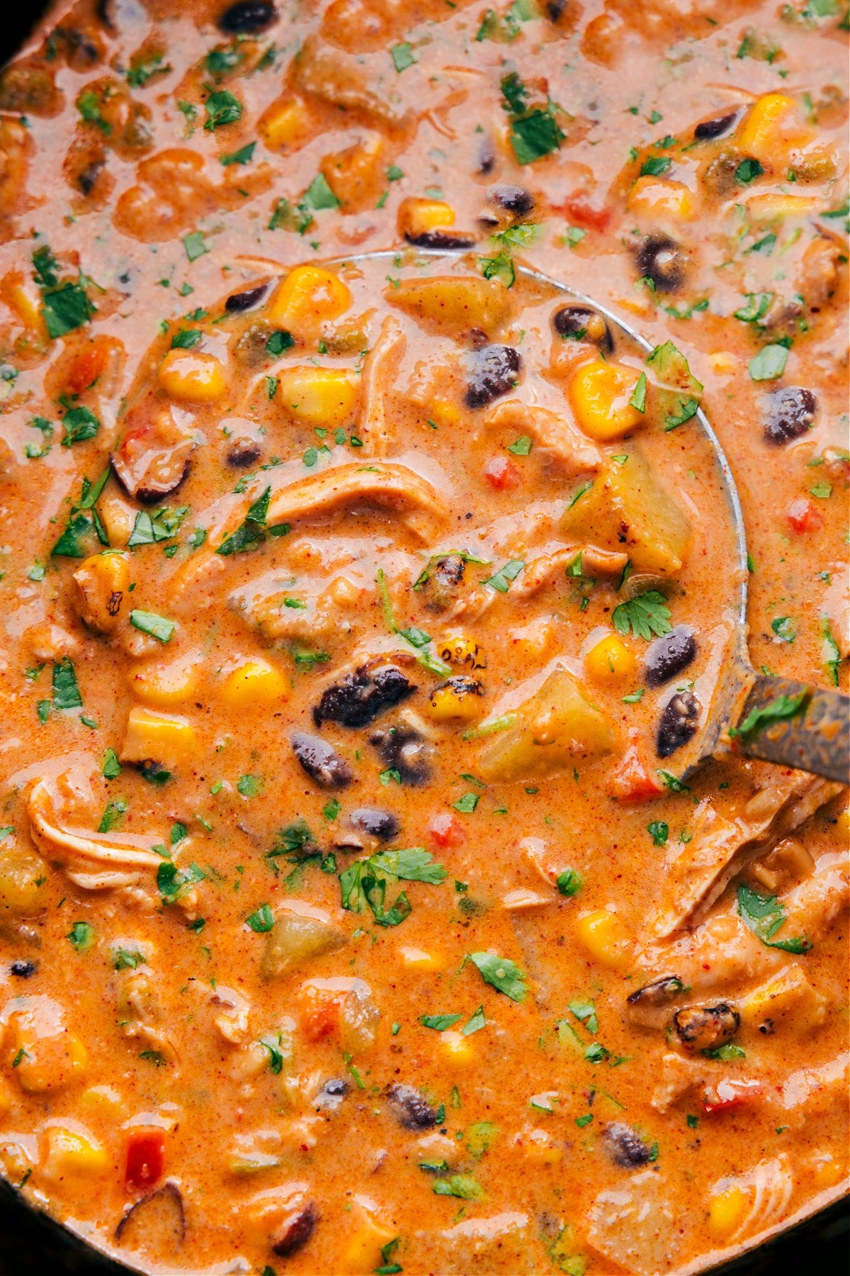 Hearty Southwestern Corn Chowder in Pot A warm pot of hearty southwestern corn chowder, ready to be enjoyed, with visible ingredients like corn, peppers, and herbs.
