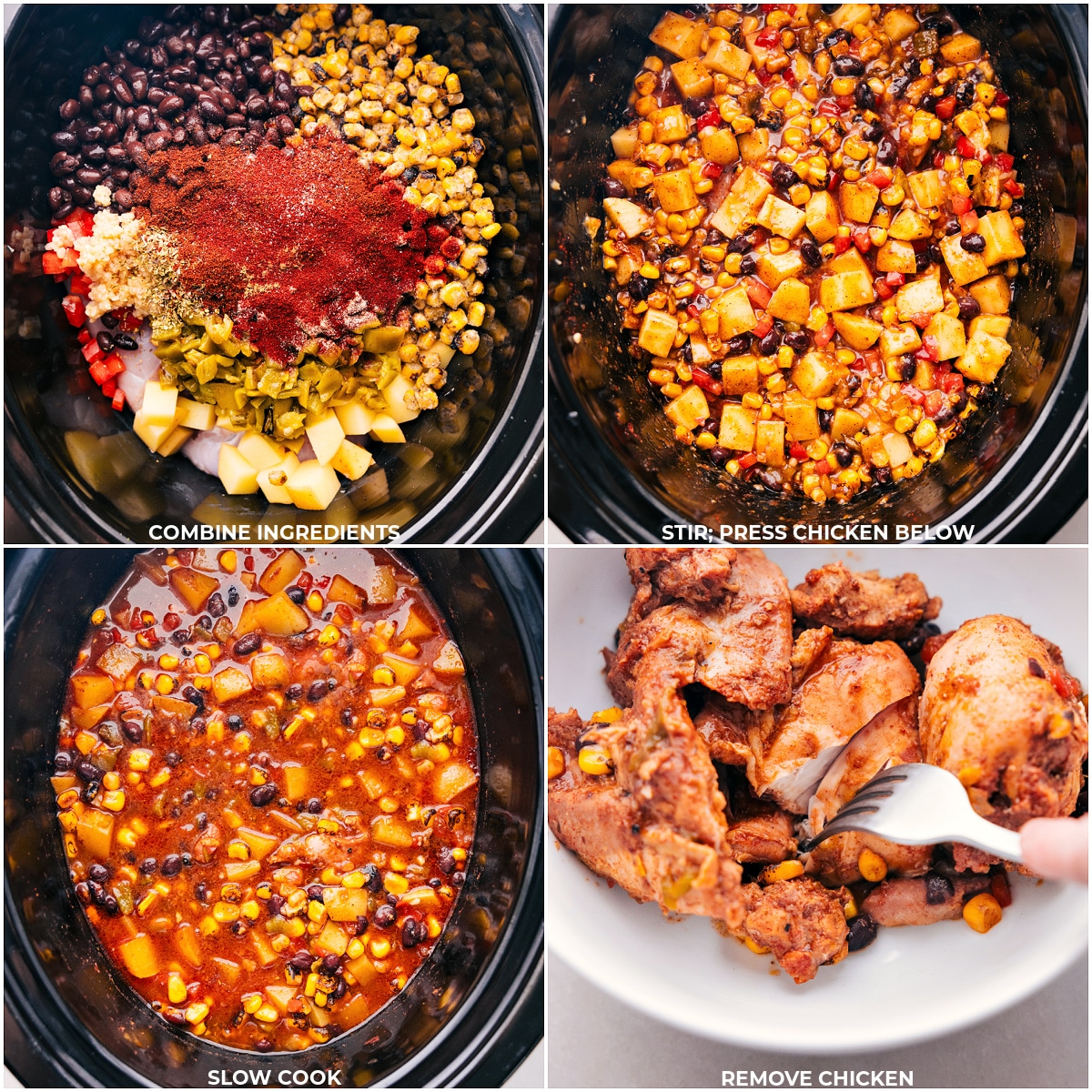 All ingredients, including peppers, potatoes, chicken, and spices, are combined and stirred in a slow cooker, with the chicken pressed below for slow cooking. The chicken is later removed for shredding.