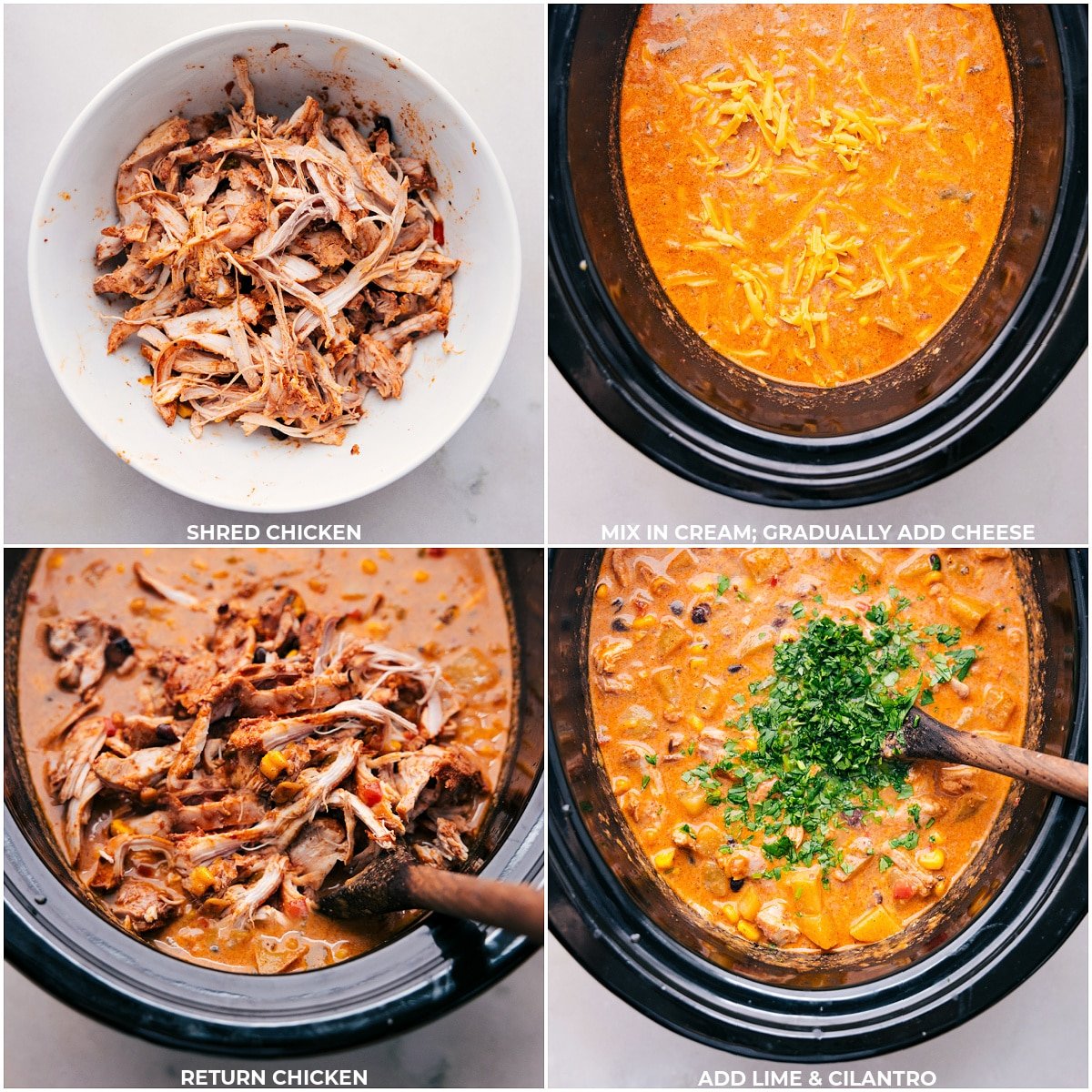 The cream and cheese being stirred in, shredded chicken added, and garnished with fresh lime and cilantro for enhanced flavor.