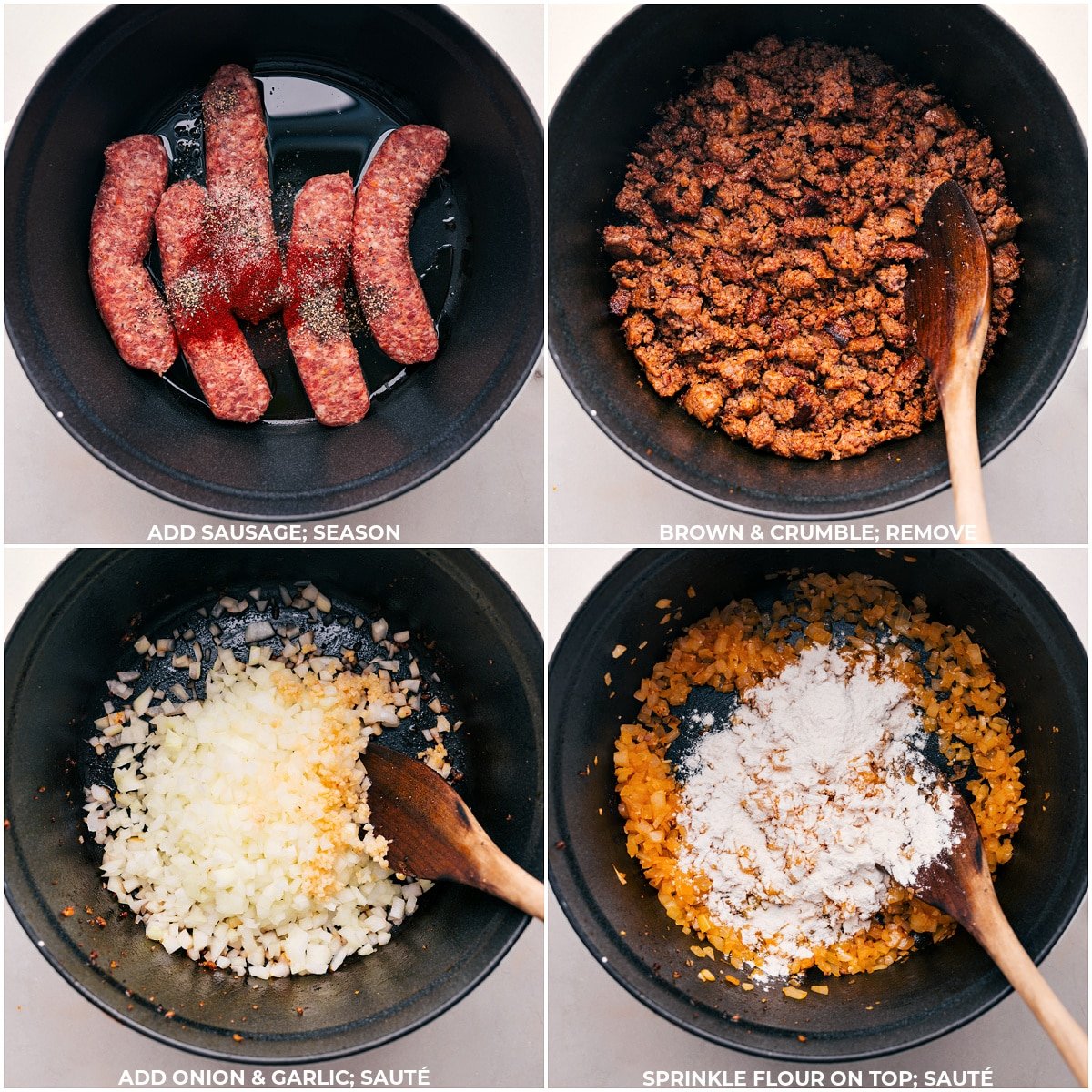 Adding sausage to the pot, seasoning, browning, and crumbling it, then adding in onion and garlic, followed by adding flour and stirring and sautéing, a key step in preparing Tuscan Sausage Potato Soup.