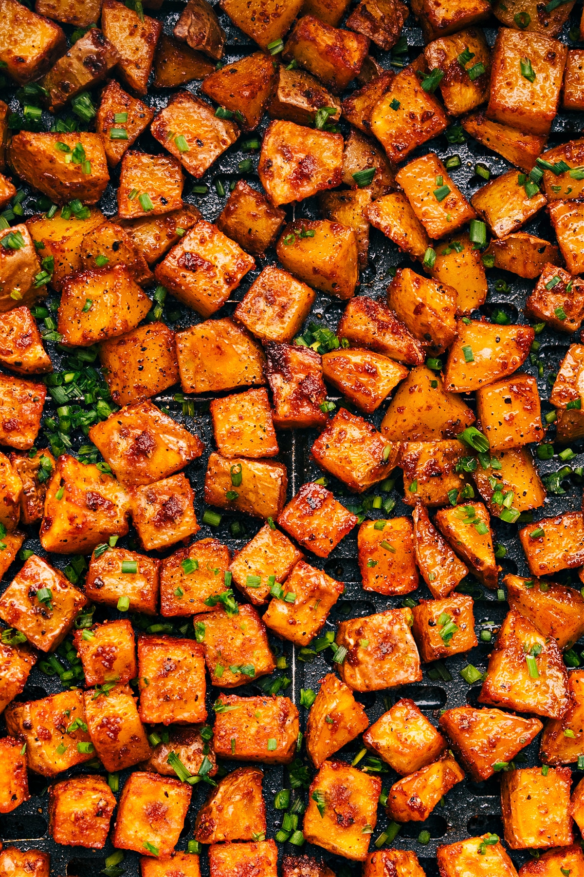 Photo showing a pan filled with Air Fryer Breakfast Potatoes