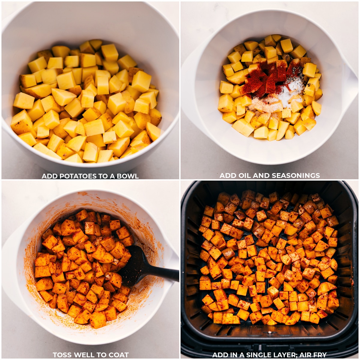 Photo showing the steps of making Air Fryer Breakfast Potatoes: Adding potatoes to a bowl along with oil and seasonings then adding everything to the air fryer.