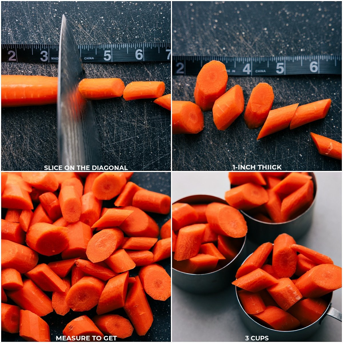 The veggie being chopped and prepped out into cups.