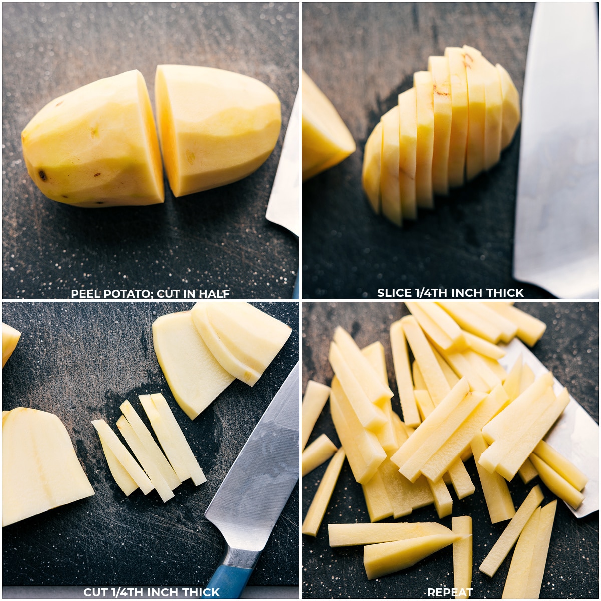 The potatoes being sliced for these Air Fryer Fries.