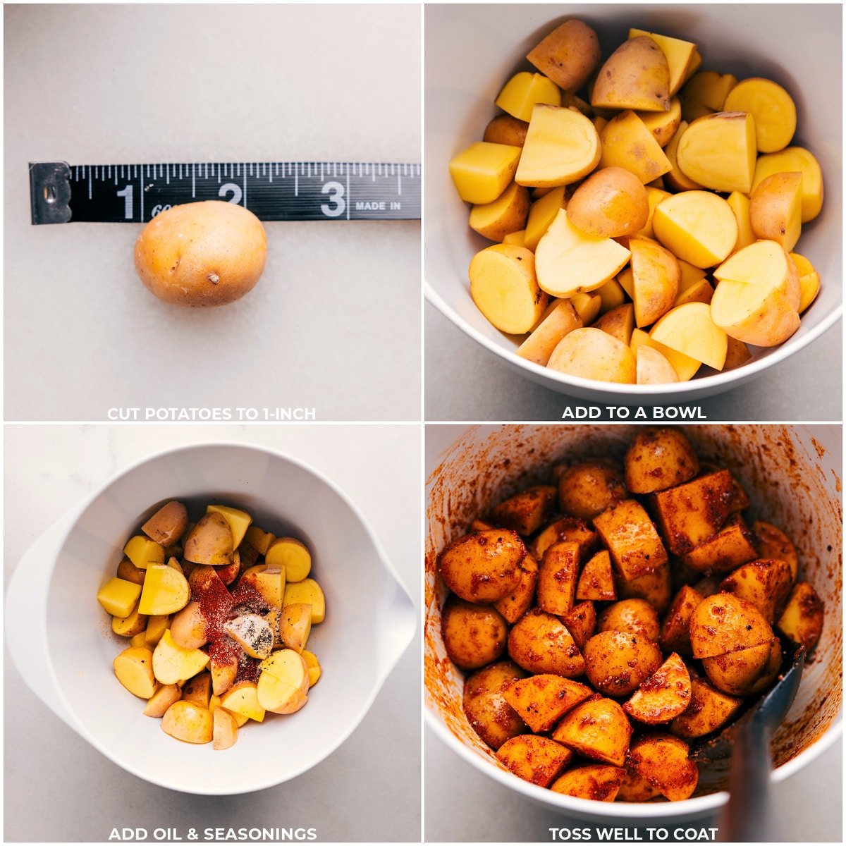 Potatoes being chopped, seasoned, and prepped for these Air Fryer Potatoes.