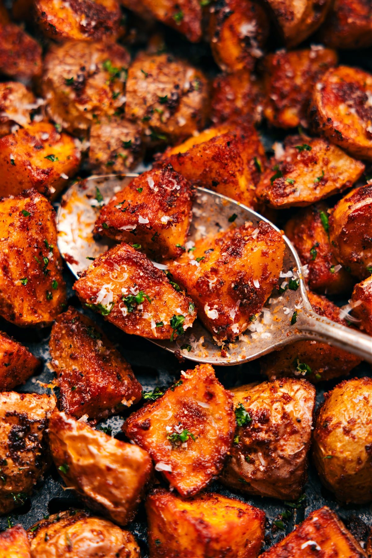 Up-close spoonful of the potatoes ready to be served.