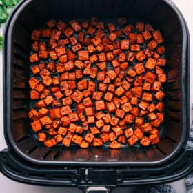 Air Fryer Sweet Potatoes fresh out of the air fryer.