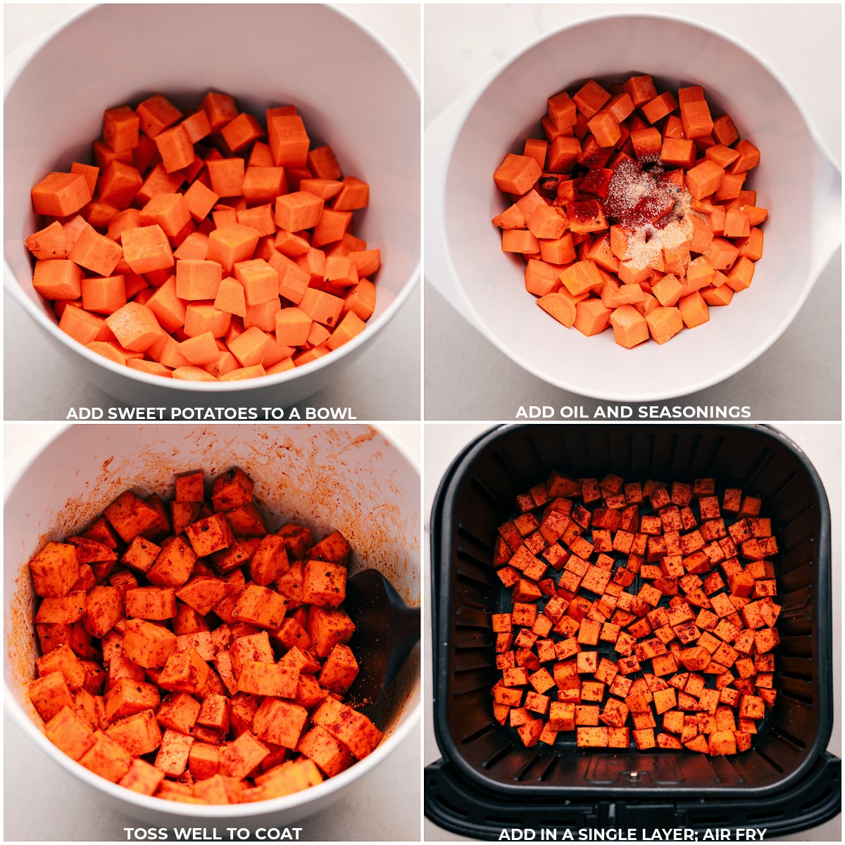 Images showing the sweet potatoes chopped, prepped, and added to the air fryer for this recipe