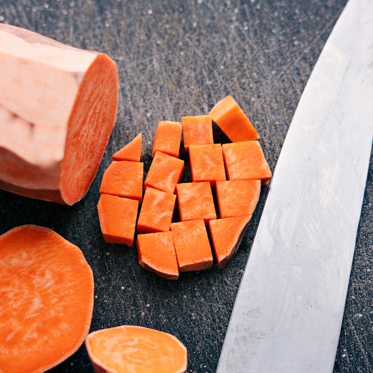 Image of sweet potatoes chopped for these Air Fryer Sweet Potatoes