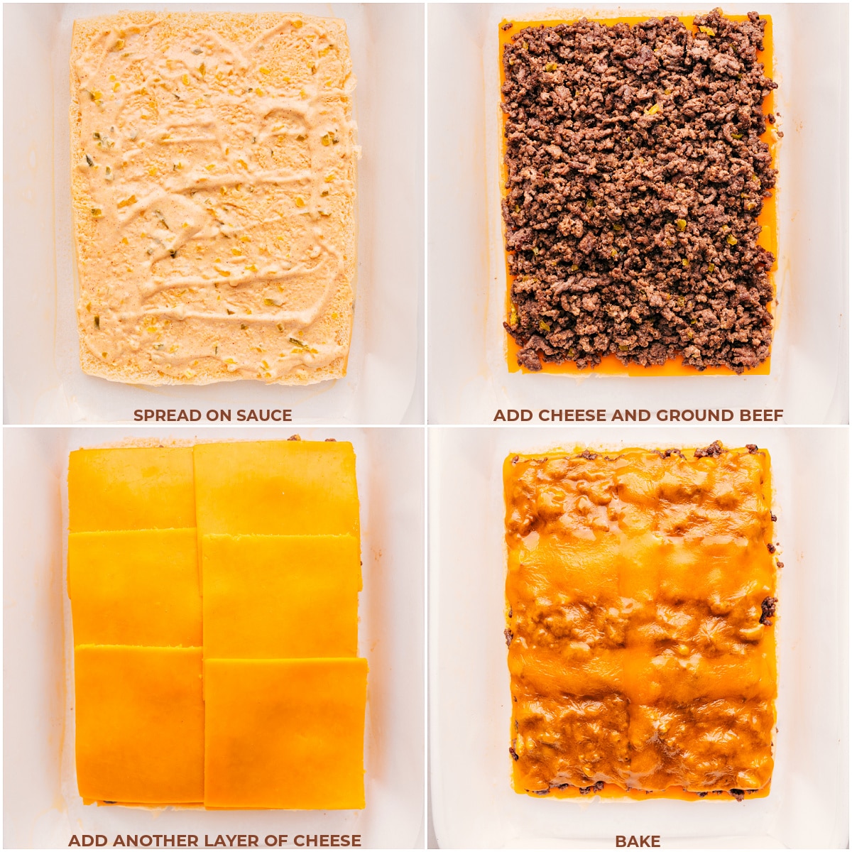 Process shots of layering on the ingredients on the rolls, sauce, cheese, beef, then cheese again, and it all being baked.