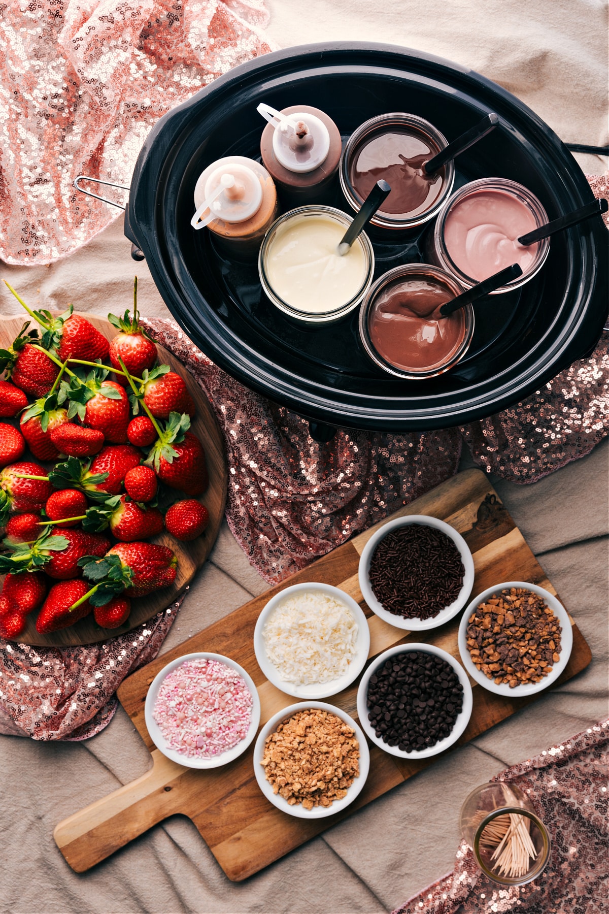Photo of a Chocolate-Covered Strawberry Dessert Bar with berries, sauces and toppings