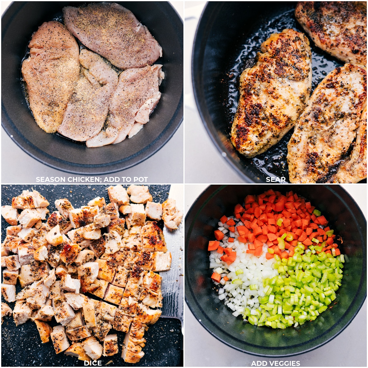 The chicken being cooked through and the veggies being sautéed for Chicken and Potato Soup.