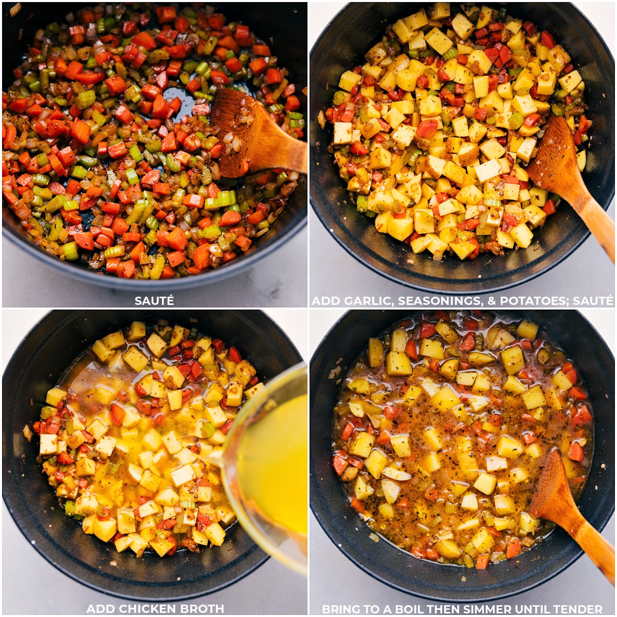 All the veggies being sautéed, then the seasoning and chicken broth and it all being cooked together.