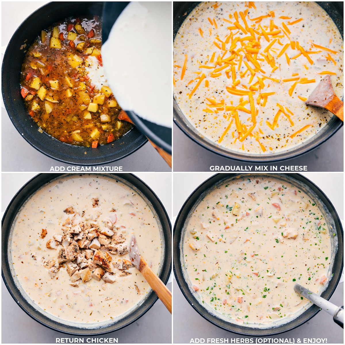 The cream mixture, cheese, and chicken being added to this creamy Chicken and Potato soup.