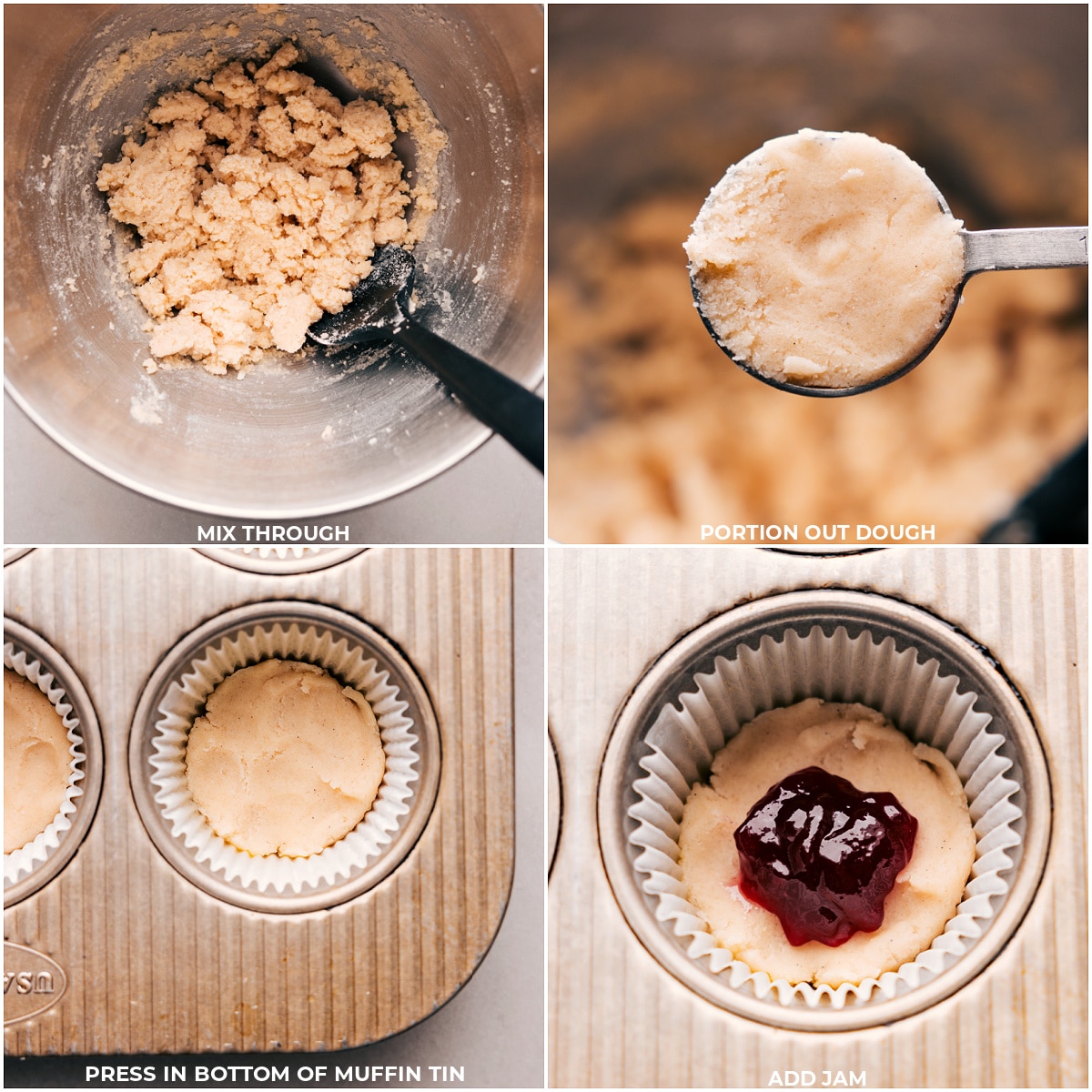 Four images demonstrating the next steps to make Costco Raspberry Crumble Cookies