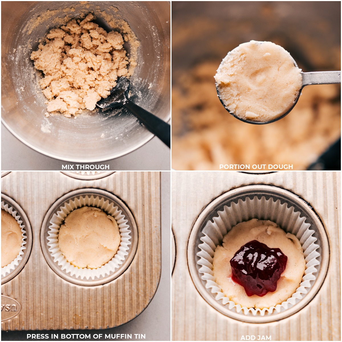 Four images demonstrating the next steps to make Costco Raspberry Crumble Cookies