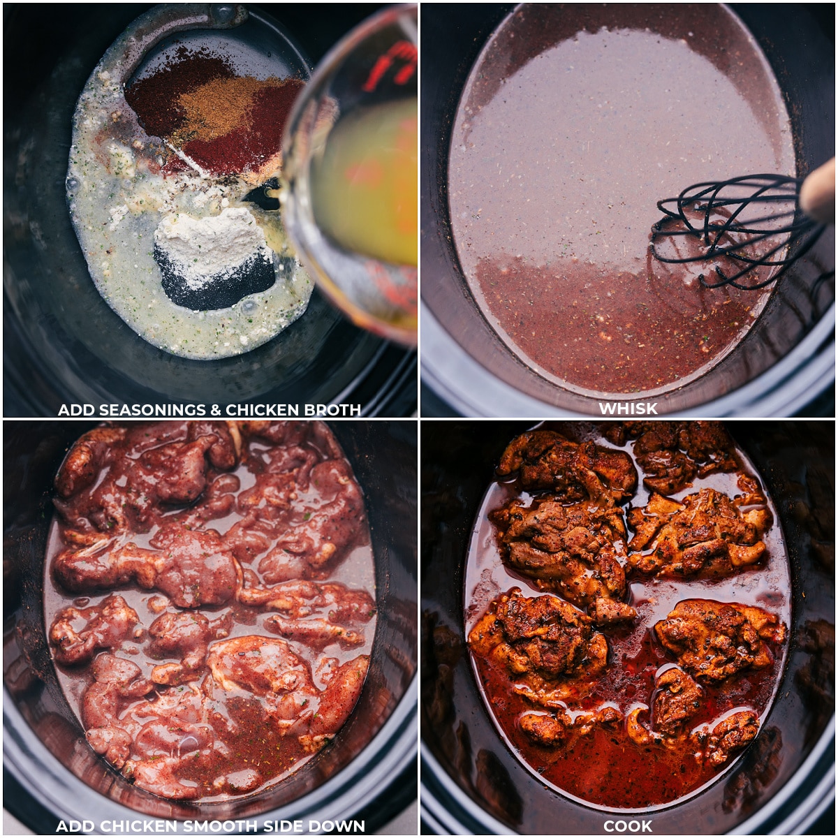 Photo collage showing the sasonings, chicken broth, and chicken being added to the crockpot for these Crockpot Chicken Tacos.