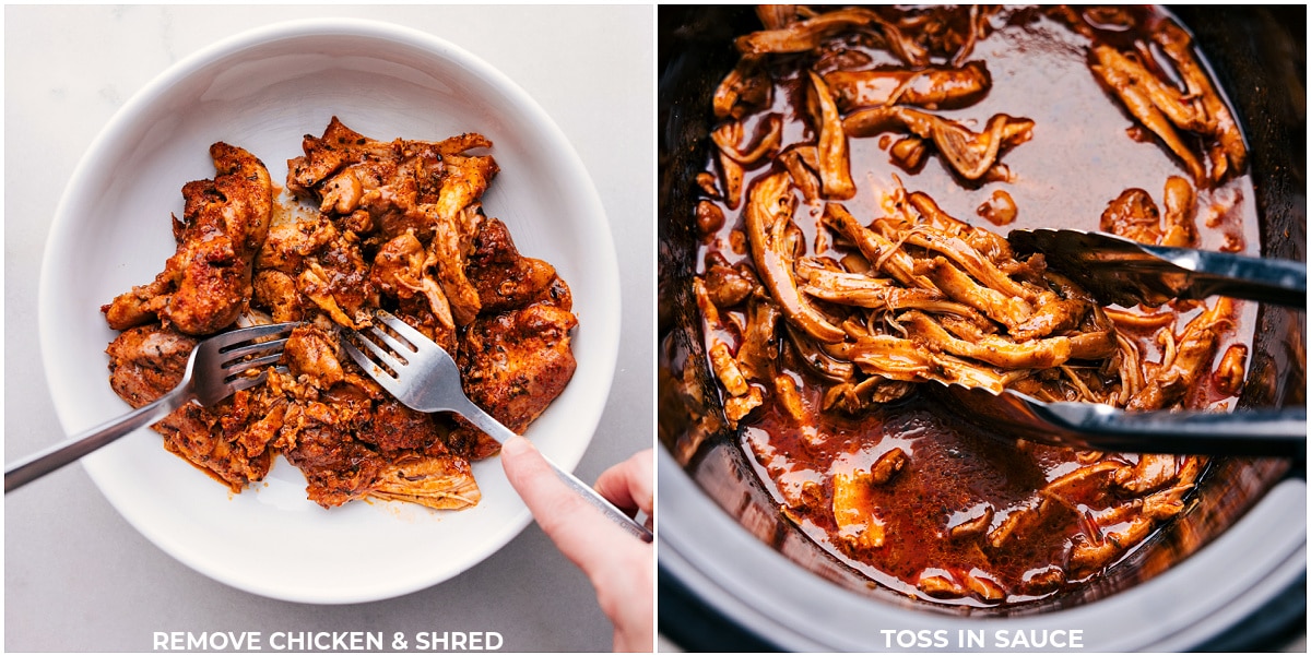 Images showing the meat being shredded and tossed in the sauce.