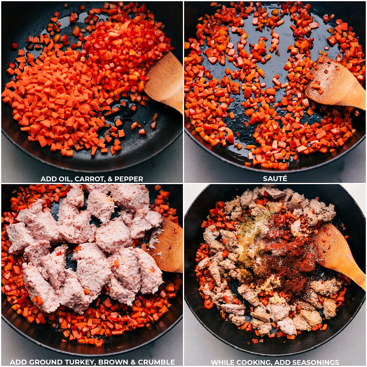 Oil, carrots, pepper, ground turkey, and seasonings being added to a skillet for this ground turkey meal prep.