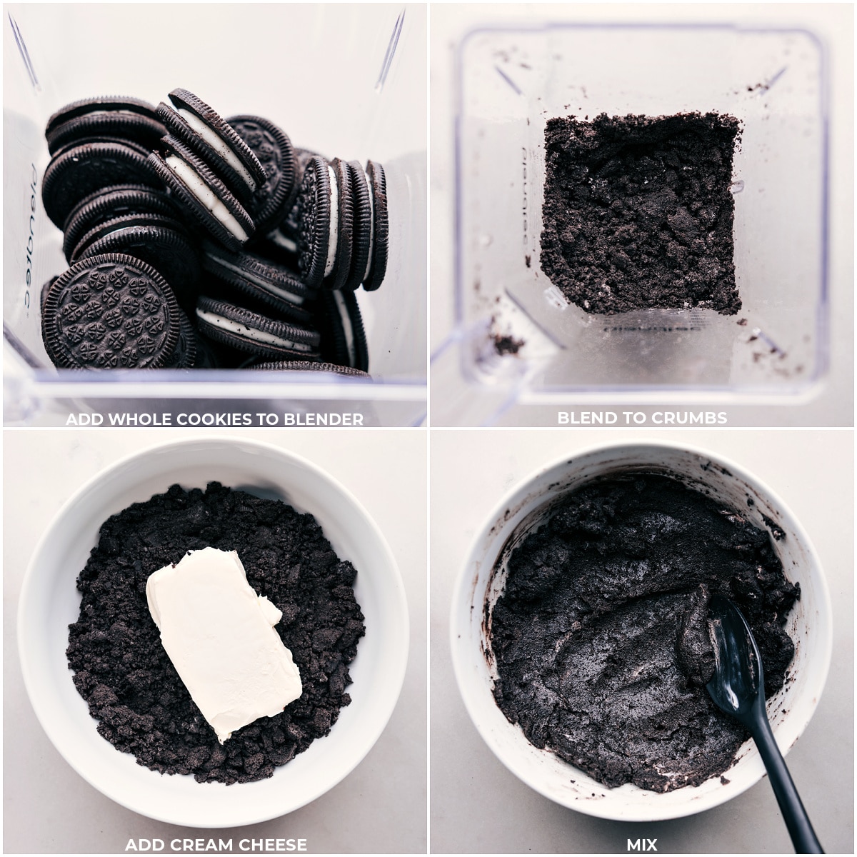 The Oreos being blended up and cream cheese being mixed in for these Heart Oreo Truffles.