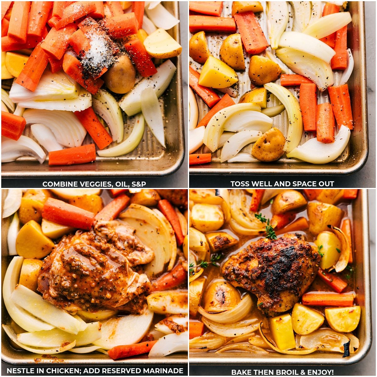 All the veggies and meat being added to the pan and it all being baked.