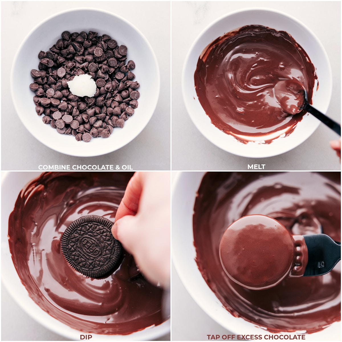 A series of images demonstrating melting chocolate and dipping the treats in it.