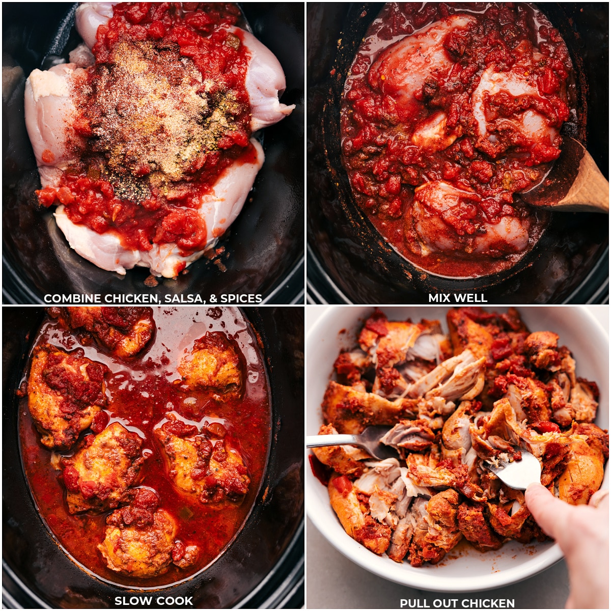 All the ingredients being added to a crockpot for this Salsa Crockpot Chicken