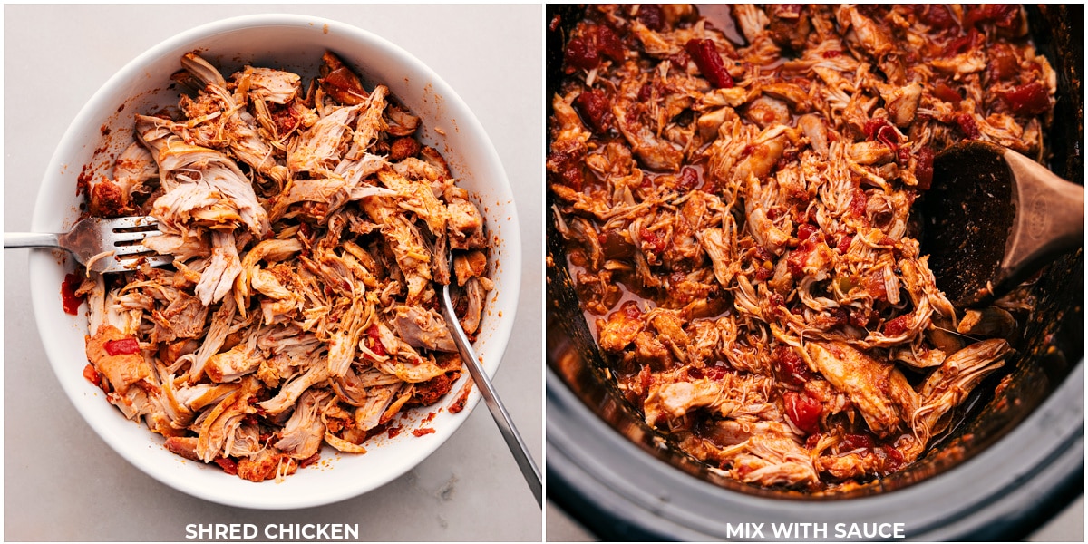 Chicken being shredded and added back into the slow cooker