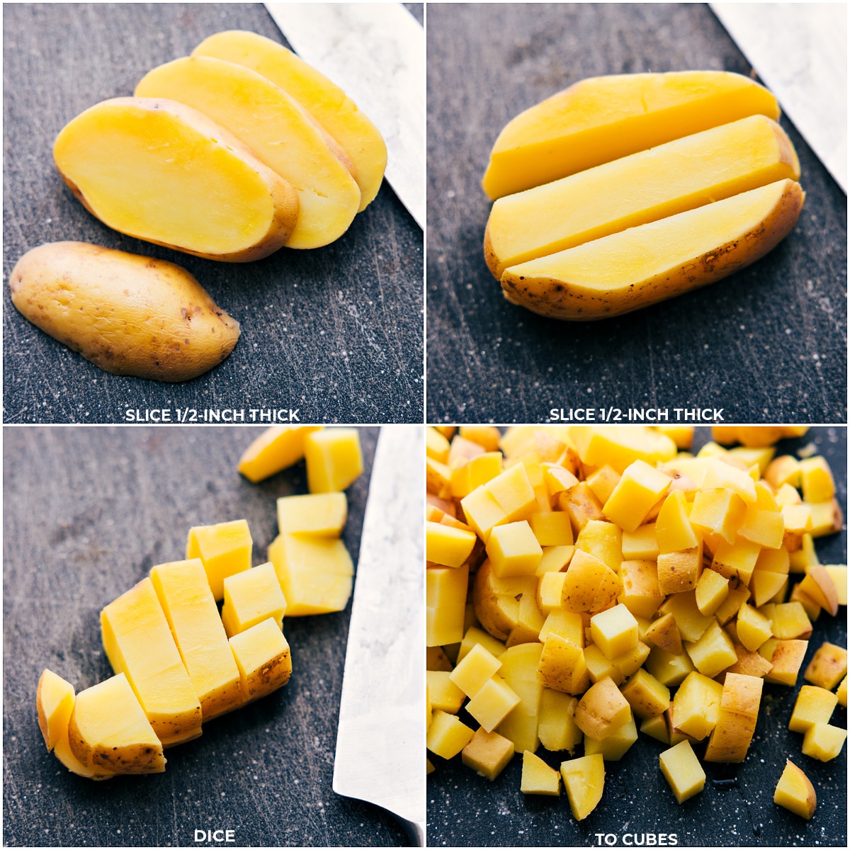 Potatoes being diced into cubes for these Skillet Breakfast Potatoes.