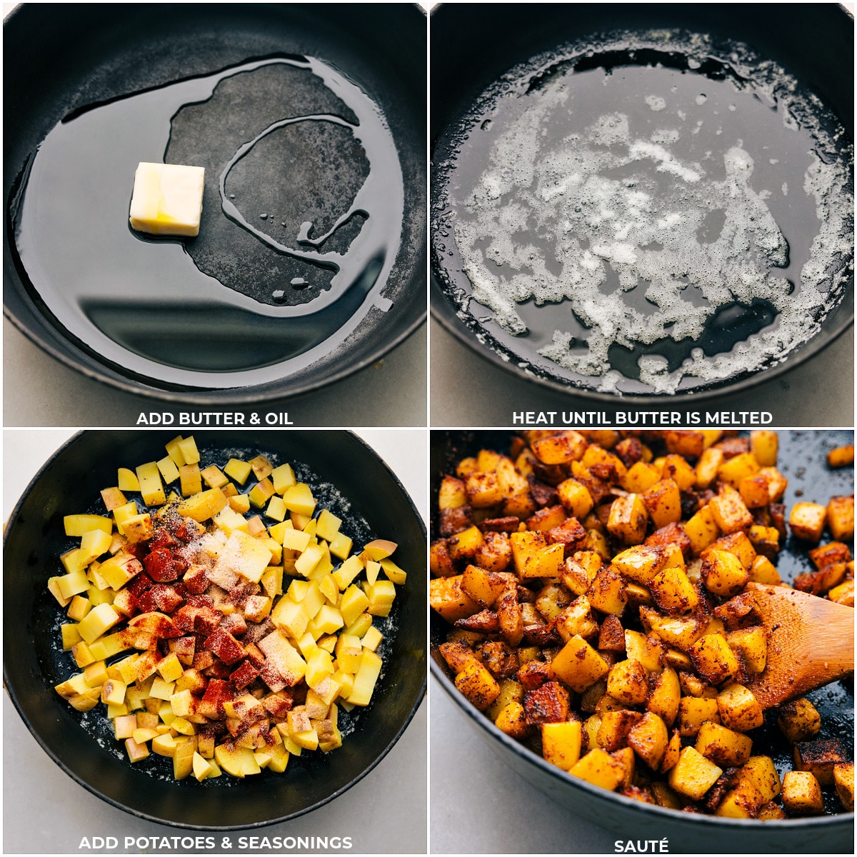 Butter, oil, veggies, and seasonings being added to a pan and all being cooked together.