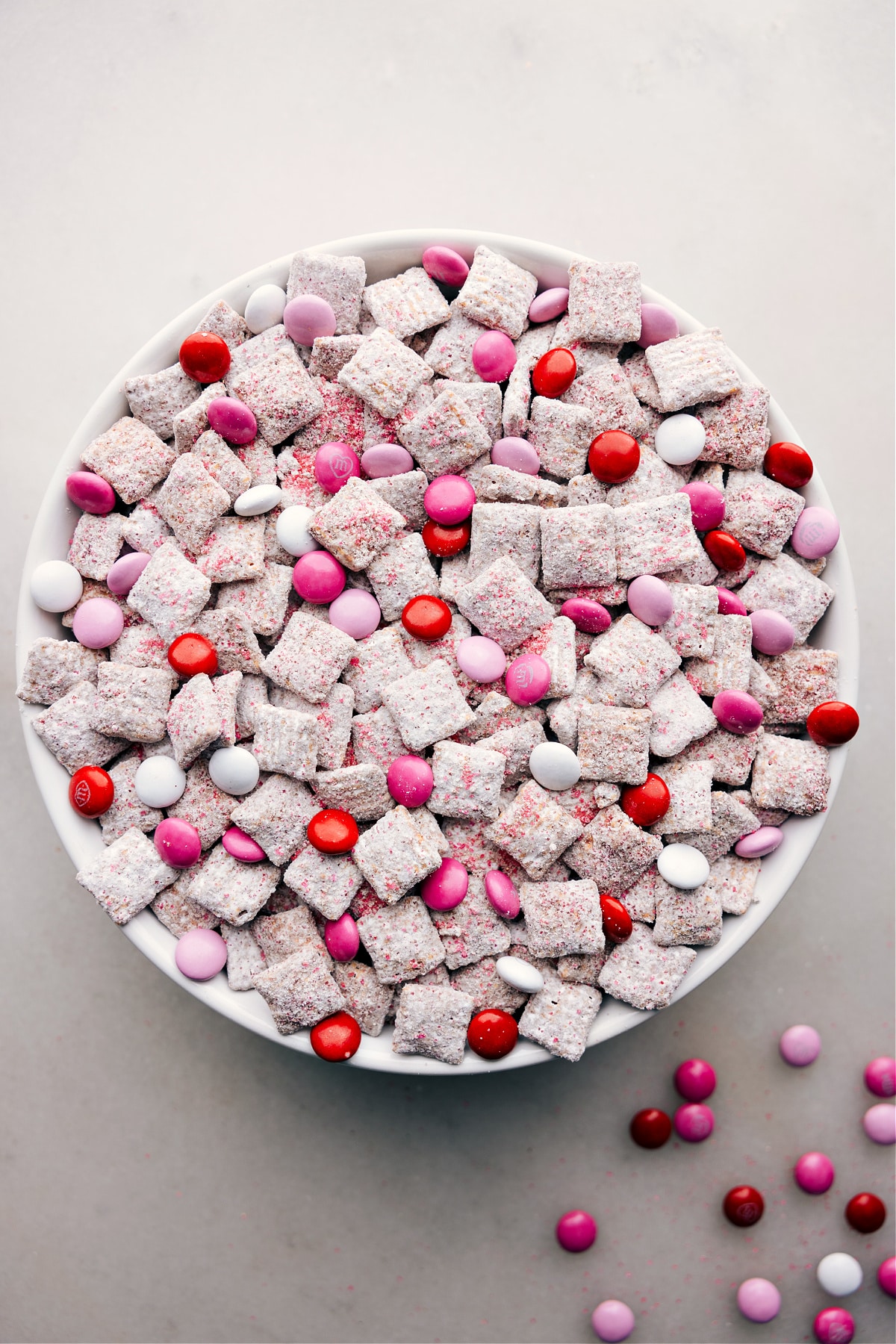 A big bowl of Valentine Muddy Buddies.