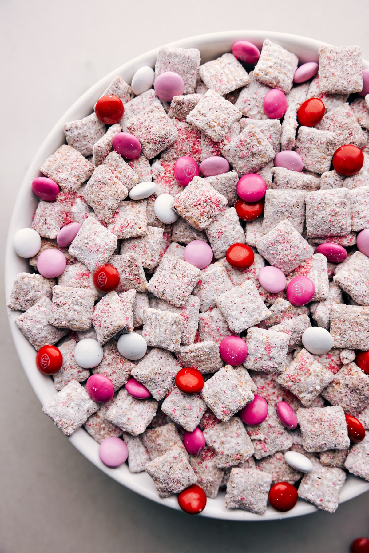Valentine Muddy Buddies with M&Ms through out it.